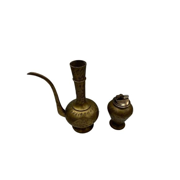 Antique Brass Table Lighter And Vase SET Etched Traditional Style - Picture 7 of 9